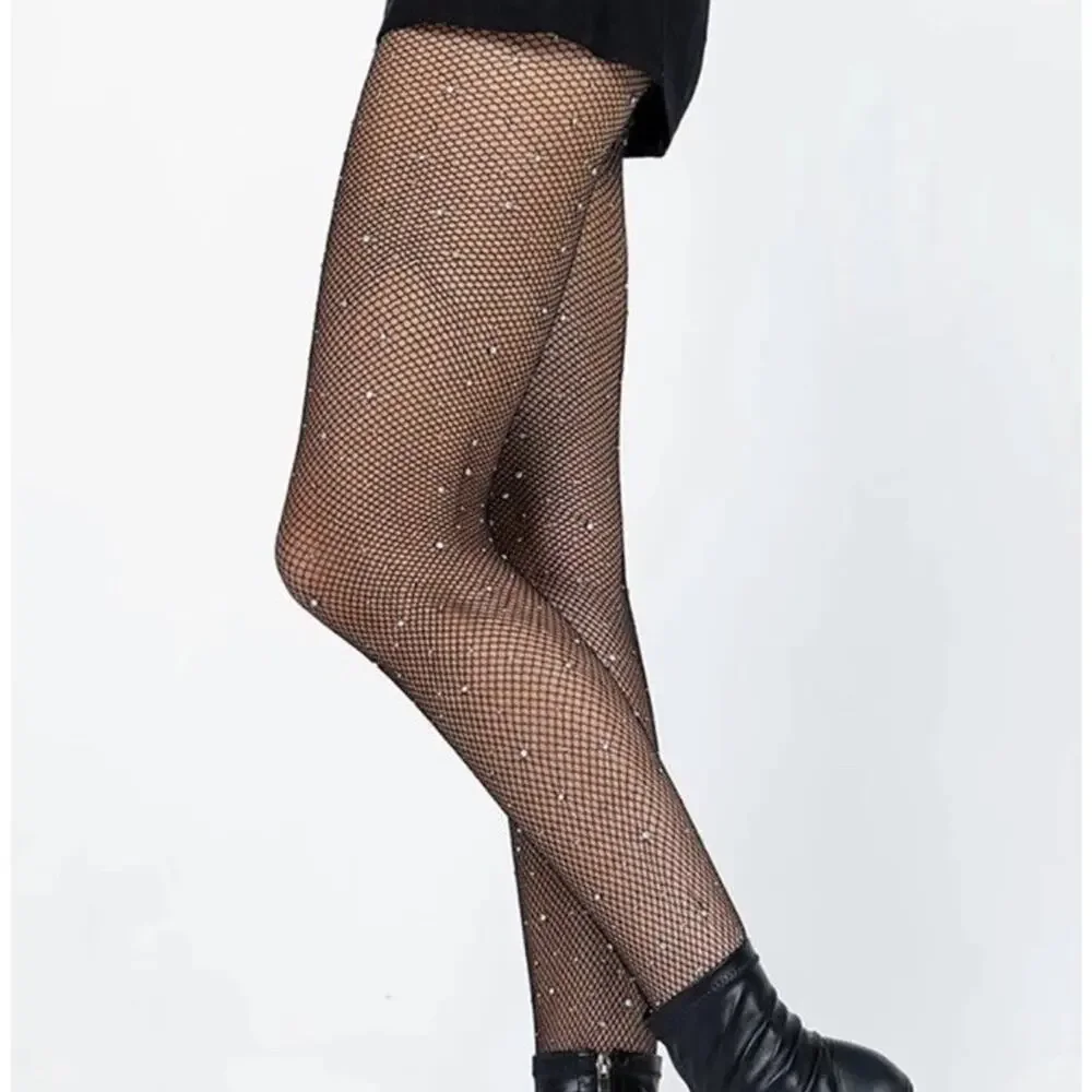 2 Pairs Women Rhinestone Fishnet Sexy Stockings High Waist Mesh Tights Pantyhose
